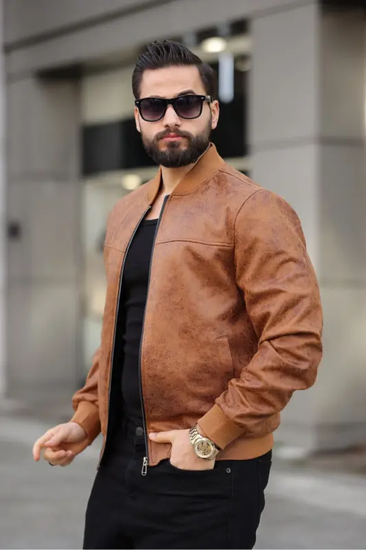 Yeni Sezon Vintage Napa Deri Kolej Ceket-taba napa - 3