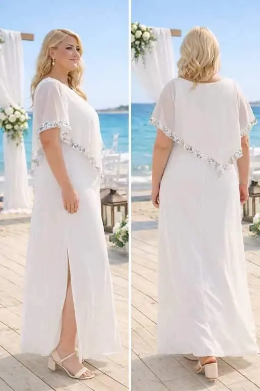 Büyük Beden Nikah Elbisesi Beyaz Pelerin Kol Detaylı Uzun Abiye Elbise KL3119 - BÜYÜKBEDENIZ