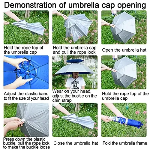 NEW-Vi Fishing Umbrella Hat Folding Adjustable Sun Rain Cap, 37.4”Oversize Hands Free Umbrellas, 7-Ribs Anti-UV Waterproof Headwear for Fishing Gardening Golf Sunshade Outdoor - 3