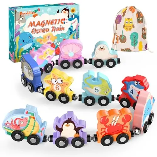 Zeoddler Toys for Toddlers, 11 Magnetic Wooden Sea Animals Train Set, Montessori Toys for Toddlers, Educational Activities for Kids, Birthday Gifts for Boys, Girls - ZEODDLER