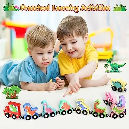 Zeoddler Toys for Toddlers, 11 Magnetic Wooden Dinosaur Train Set, Montessori Toys for Toddlers, Preschool Educational Material for Kids, Birthday Gifts for Boys, Girls - 6