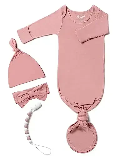 Newborn Baby Knotted Gown, Super Soft Silky Infant Long Sleeve Sleeper with Mittens and Hat & Bowknot Set (Extra Long) - 1