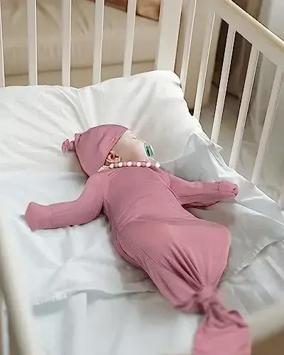 Newborn Baby Knotted Gown, Super Soft Silky Infant Long Sleeve Sleeper with Mittens and Hat & Bowknot Set (Extra Long) - 6