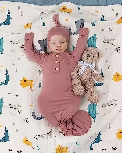 Newborn Baby Knotted Gown, Super Soft Silky Infant Sleeper, Baby Girl Sleep Gown with Mittens, Bow, and Hat Set - BABY NOAH (1)