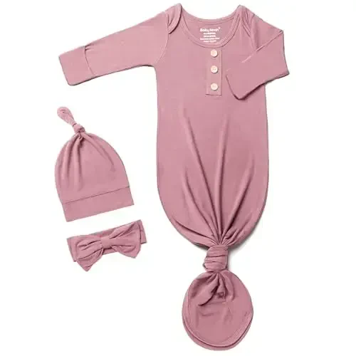 Newborn Baby Knotted Gown, Super Soft Silky Infant Sleeper, Baby Girl Sleep Gown with Mittens, Bow, and Hat Set 