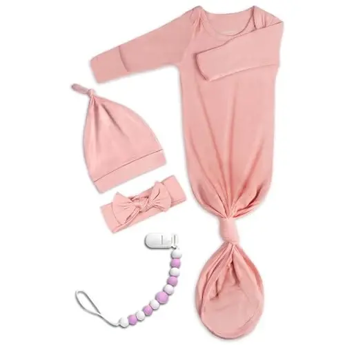 Newborn Baby Knotted Gown, Super Soft Silky Infant Long Sleeve Sleeper with Mittens and Hat & Bowknot Set (Extra Long) - 1