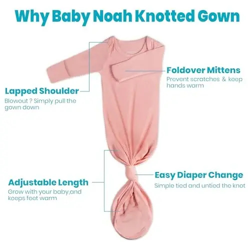 Newborn Baby Knotted Gown, Super Soft Silky Infant Long Sleeve Sleeper with Mittens and Hat & Bowknot Set (Extra Long) - 5