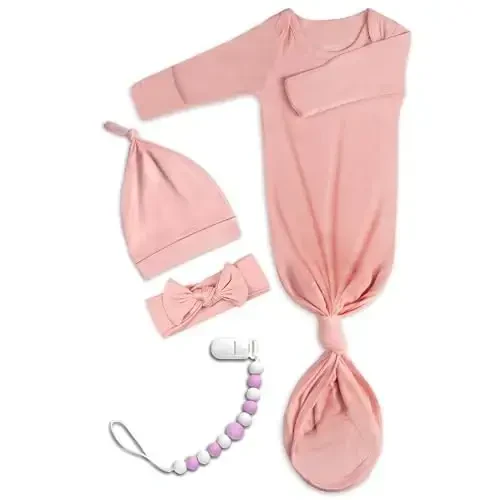 Newborn Baby Knotted Gown, Super Soft Silky Infant Long Sleeve Sleeper with Mittens and Hat & Bowknot Set (Extra Long) - 1