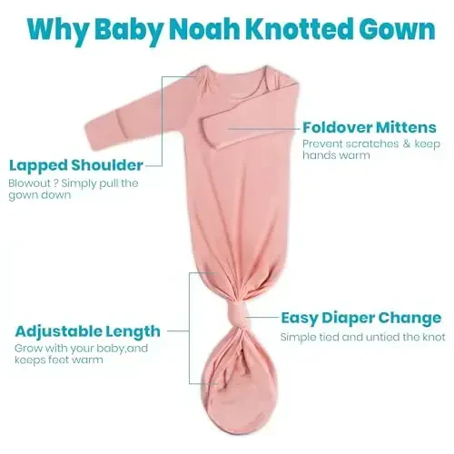 Newborn Baby Knotted Gown, Super Soft Silky Infant Long Sleeve Sleeper with Mittens and Hat & Bowknot Set (Extra Long) - 5