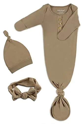 Newborn Baby Knotted Gown, Super Soft Silky Infant Sleeper, Baby Girl Sleep Gown with Mittens, Bow, and Hat Set - 1