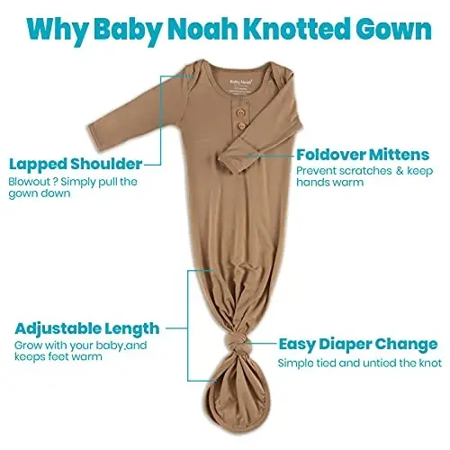 Newborn Baby Knotted Gown, Super Soft Silky Infant Sleeper, Baby Girl Sleep Gown with Mittens, Bow, and Hat Set - 3