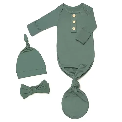 Newborn Baby Knotted Gown, Super Soft Silky Infant Sleeper, Baby Girl Sleep Gown with Mittens, Bow, and Hat Set - 1