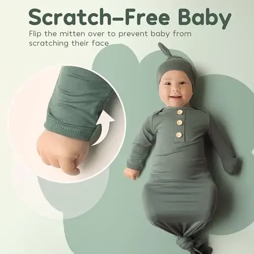 Newborn Baby Knotted Gown, Super Soft Silky Infant Sleeper, Baby Girl Sleep Gown with Mittens, Bow, and Hat Set - 4