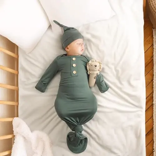 Newborn Baby Knotted Gown, Super Soft Silky Infant Sleeper, Baby Girl Sleep Gown with Mittens, Bow, and Hat Set - 6