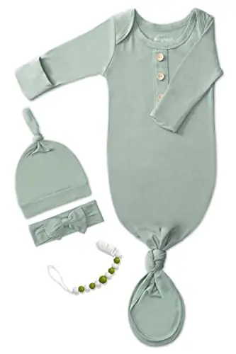 Newborn Baby Knotted Gown, Super Soft Silky Infant Sleeper, Baby Girl Sleep Gown with Mittens, Bow, Clip and Hat Set - 1