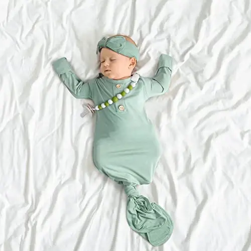 Newborn Baby Knotted Gown, Super Soft Silky Infant Sleeper, Baby Girl Sleep Gown with Mittens, Bow, Clip and Hat Set - 6