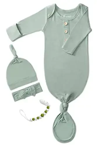 Newborn Baby Knotted Gown, Super Soft Silky Infant Sleeper, Baby Girl Sleep Gown with Mittens, Bow, Clip and Hat Set - 1
