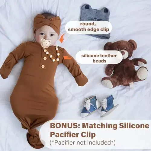 Newborn Baby Knotted Gown, Super Soft Silky Infant Sleeper, Baby Girl Sleep Gown with Mittens, Bow, Clip and Hat Set - 6