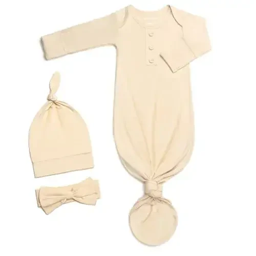 Newborn Baby Knotted Gown, Super Soft Silky Infant Sleeper, Baby Girl Sleep Gown with Mittens, Bow, and Hat Set 