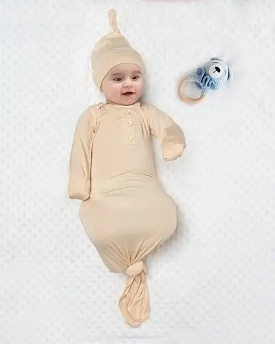 Newborn Baby Knotted Gown, Super Soft Silky Infant Sleeper, Baby Girl Sleep Gown with Mittens, Bow, and Hat Set - 7