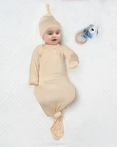 Newborn Baby Knotted Gown, Super Soft Silky Infant Sleeper, Baby Girl Sleep Gown with Mittens, Bow, and Hat Set - 7