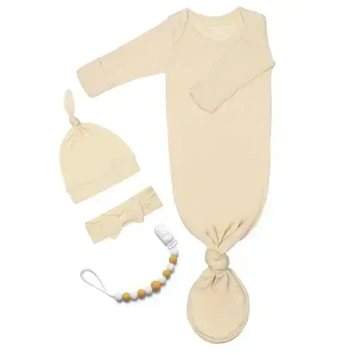 Newborn Baby Knotted Gown, Super Soft Silky Infant Long Sleeve Sleeper with Mittens and Hat & Bowknot Set (Extra Long) - MODAZONE