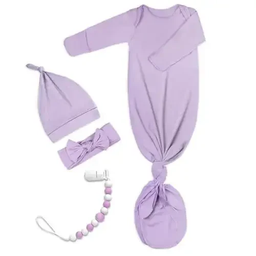 Newborn Baby Knotted Gown, Super Soft Silky Infant Long Sleeve Sleeper with Mittens and Hat & Bowknot Set (Extra Long) 