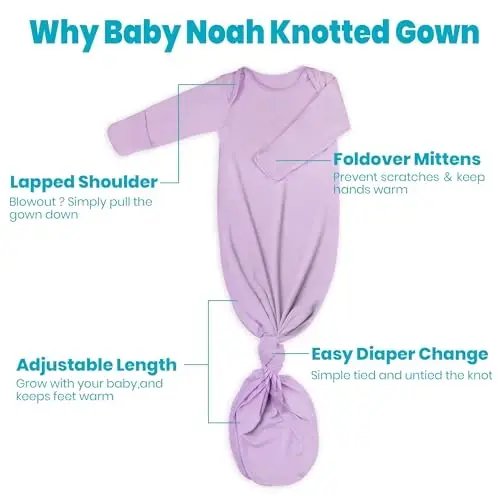 Newborn Baby Knotted Gown, Super Soft Silky Infant Long Sleeve Sleeper with Mittens and Hat & Bowknot Set (Extra Long) - 5