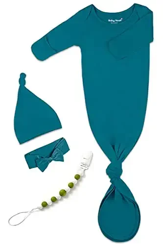 Newborn Baby Knotted Gown, Super Soft Silky Infant Long Sleeve Sleeper with Mittens and Hat & Bowknot Set (Extra Long) - BABY NOAH