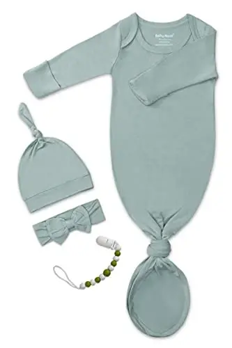 Newborn Baby Knotted Gown, Super Soft Silky Infant Long Sleeve Sleeper with Mittens and Hat & Bowknot Set (Extra Long) - 1