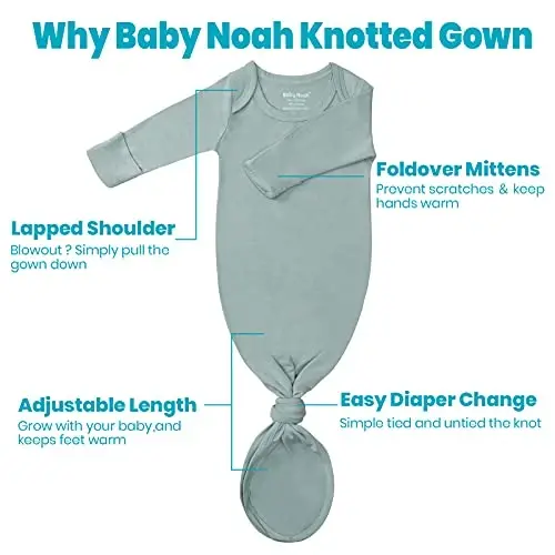 Newborn Baby Knotted Gown, Super Soft Silky Infant Long Sleeve Sleeper with Mittens and Hat & Bowknot Set (Extra Long) - 3