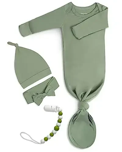 Newborn Baby Knotted Gown, Super Soft Silky Infant Long Sleeve Sleeper with Mittens and Hat & Bowknot Set (Extra Long) - Modazone