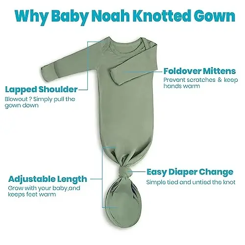 Newborn Baby Knotted Gown, Super Soft Silky Infant Long Sleeve Sleeper with Mittens and Hat & Bowknot Set (Extra Long) - 5