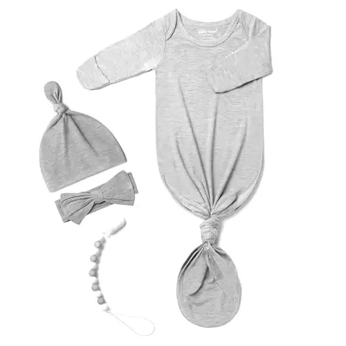 Newborn Baby Knotted Gown, Super Soft Silky Infant Long Sleeve Sleeper with Mittens and Hat & Bowknot Set (Extra Long) - 1