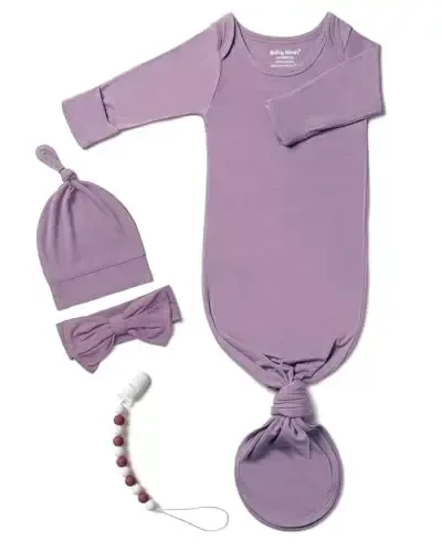 Newborn Baby Knotted Gown, Super Soft Silky Infant Long Sleeve Sleeper with Mittens and Hat & Bowknot Set (Extra Long) - 1