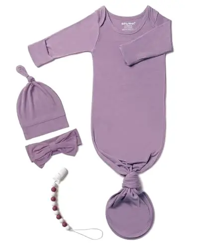 Newborn Baby Knotted Gown, Super Soft Silky Infant Long Sleeve Sleeper with Mittens and Hat & Bowknot Set (Extra Long) - 1