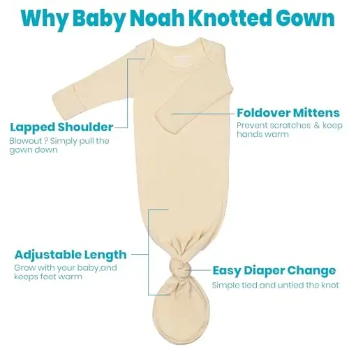 Newborn Baby Knotted Gown, Super Soft Silky Infant Long Sleeve Sleeper with Mittens and Hat & Bowknot Set (Extra Long) - 5