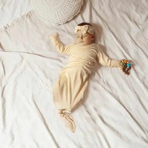 Newborn Baby Knotted Gown, Super Soft Silky Infant Long Sleeve Sleeper with Mittens and Hat & Bowknot Set (Extra Long) - 6