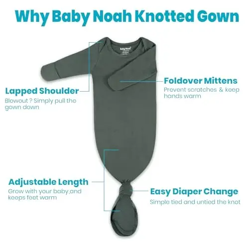 Newborn Baby Knotted Gown, Super Soft Silky Infant Long Sleeve Sleeper with Mittens and Hat & Bowknot Set (Extra Long) - 5