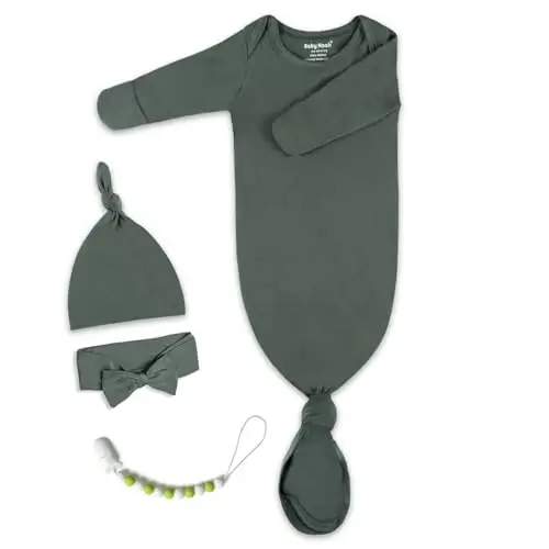 Newborn Baby Knotted Gown, Super Soft Silky Infant Long Sleeve Sleeper with Mittens and Hat & Bowknot Set (Extra Long) - NEWBORN