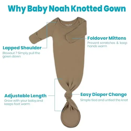 Newborn Baby Knotted Gown, Super Soft Silky Infant Long Sleeve Sleeper with Mittens and Hat & Bowknot Set (Extra Long) - 4