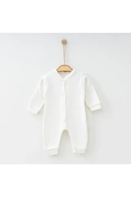 Yenidoğan Bebek Düz Beyaz Renkli Çıtçıtlı Unısex Bebek Tulumu %100 Pamuk Esnek 1-3-6Ay-Ekru Beyaz Düz - 3