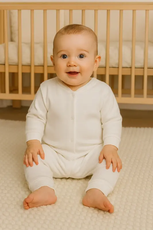 Yenidoğan Bebek Düz Beyaz Renkli Çıtçıtlı Unısex Bebek Tulumu %100 Pamuk Esnek 1-3-6Ay-Ekru Beyaz Düz - 1