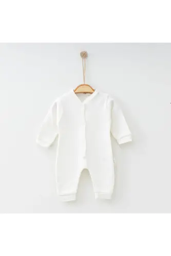 Yenidoğan Bebek Düz Beyaz Renkli Çıtçıtlı Unısex Bebek Tulumu %100 Pamuk Esnek 1-3-6Ay-Ekru Beyaz Düz - 3