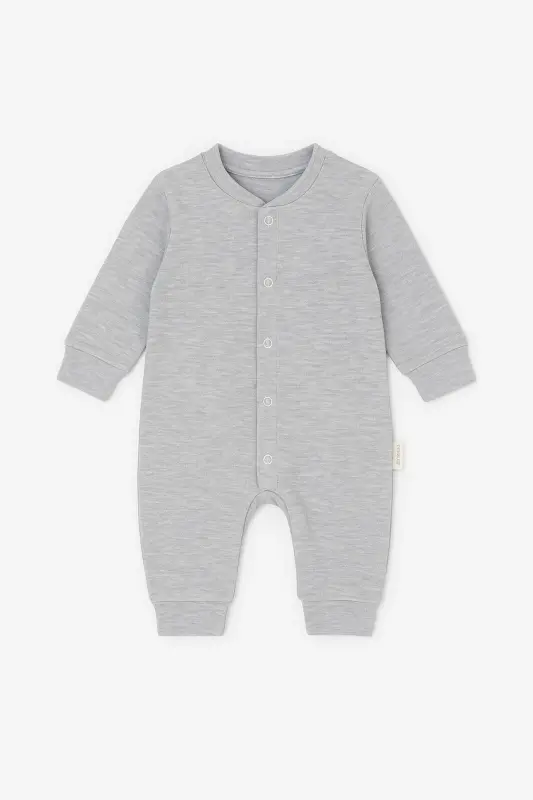 Yenidoğan Bebek Düz Renkli Çıtçıtlı Unısex Bebek Tulumu %100 Pamuk Esnek 1-3-6Ay-Düz Gri - 2