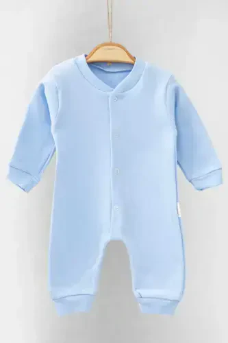 Yenidoğan Bebek Düz Renkli Çıtçıtlı Unısex Bebek Tulumu %100 Pamuk Esnek 1-3-6Ay-Mavi - 1