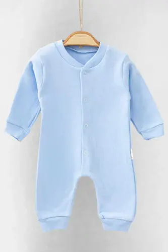 Yenidoğan Bebek Düz Renkli Çıtçıtlı Unısex Bebek Tulumu %100 Pamuk Esnek 1-3-6Ay-Mavi 