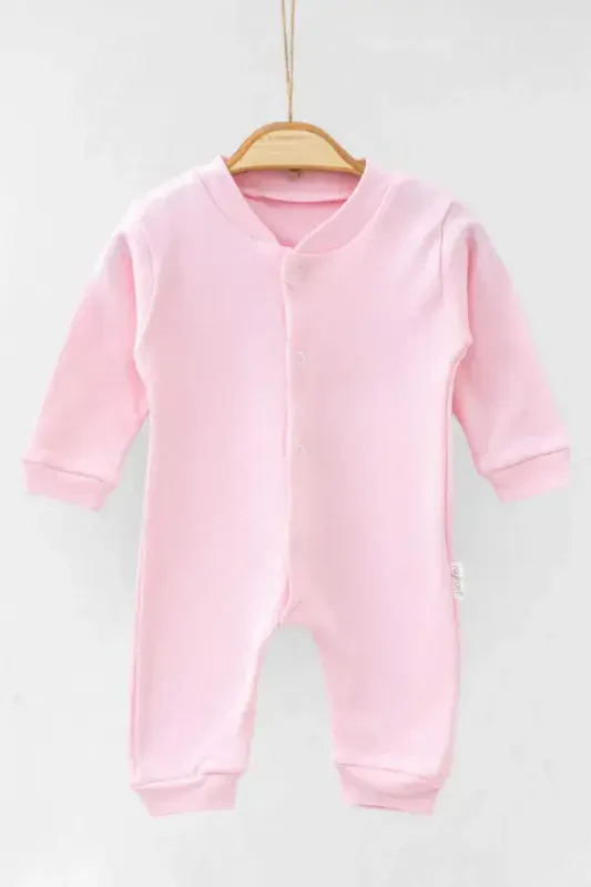 Yenidoğan Bebek Düz Renkli Çıtçıtlı Unısex Bebek Tulumu %100 Pamuk Esnek 1-3-6Ay-Pembe - 2