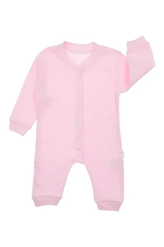 Yenidoğan Bebek Düz Renkli Çıtçıtlı Unısex Bebek Tulumu %100 Pamuk Esnek 1-3-6Ay-Pembe - 3