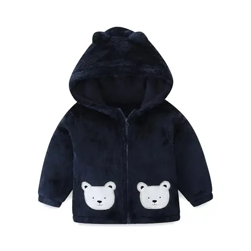 Newborn Infant Baby Boys Girls Cartoon Fleece Hooded Jacket Coat with Ears Warm Todder Kids Outwear Coat Zipper Up 1-6Y - 1